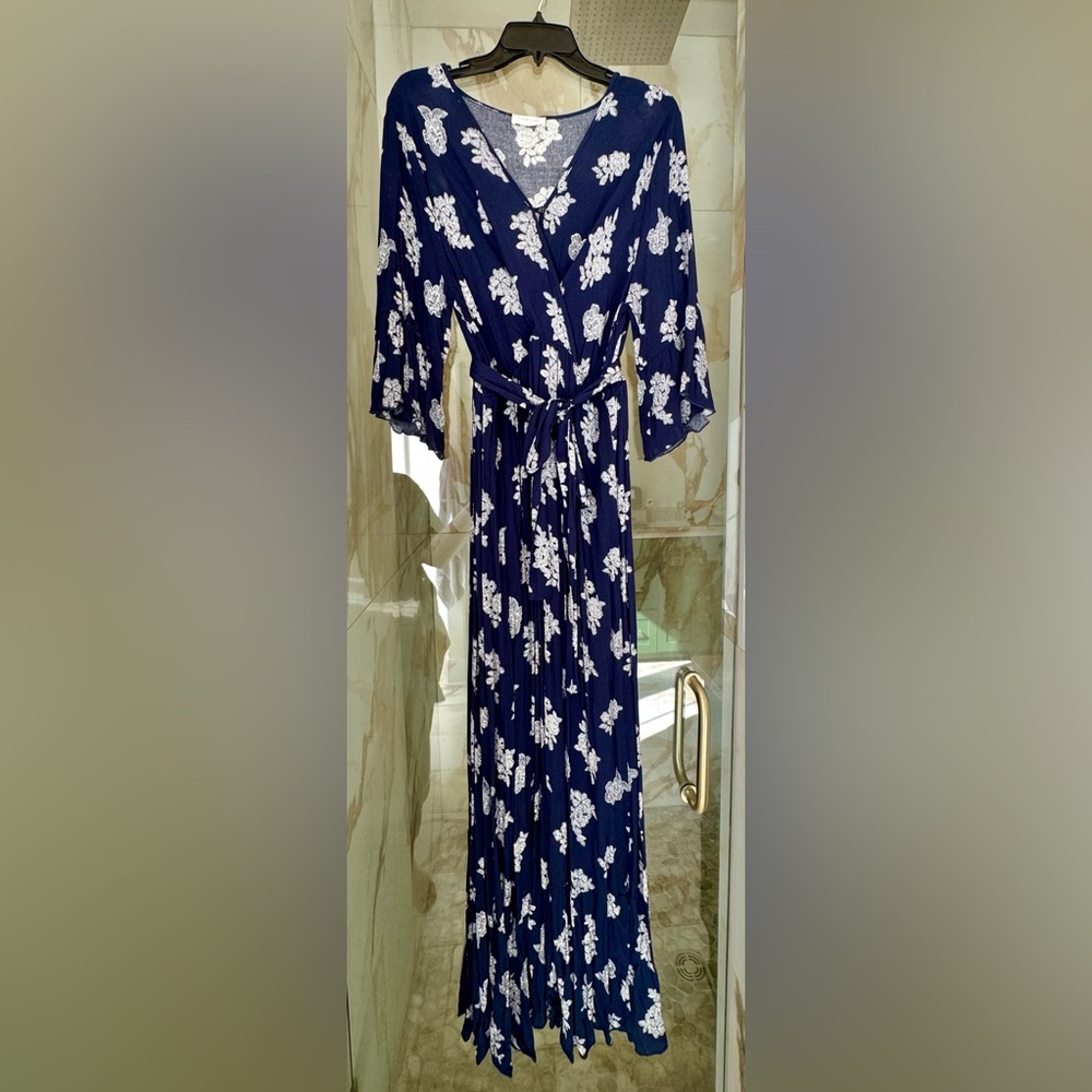 Floral navy and white maxi dress.